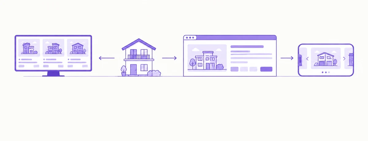 O mesmo imóvel anunciado em portal, site próprio e Instagram, com texto diferente em cada canal