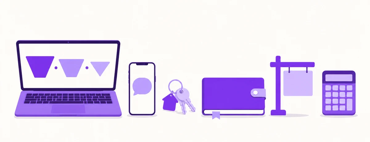 Kit de trabalho de corretor de imóveis que atua por conta própria: notebook, celular e chaves