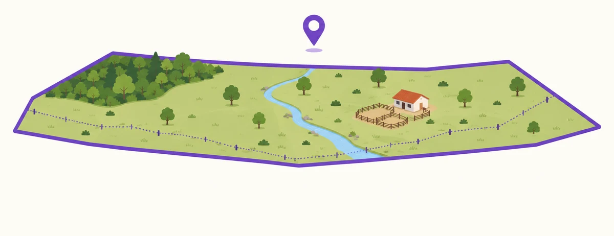 Mapa de uma propriedade rural com divisas, sede e curso de água, o cadastro que o CRM de corretor rural precisa comportar