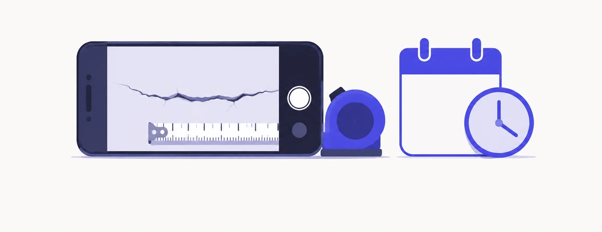 Celular fotografando uma rachadura na parede com carimbo de data para o laudo de vistoria