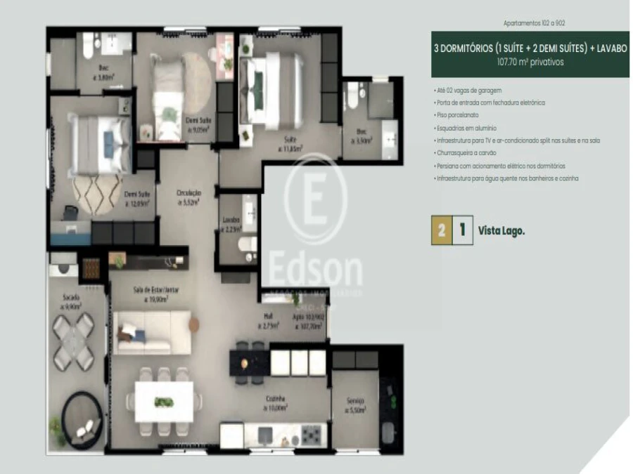 Apartamento em Pedra Branca, Palhoça. 3 quartos, 107m². Imagem 2 de 13