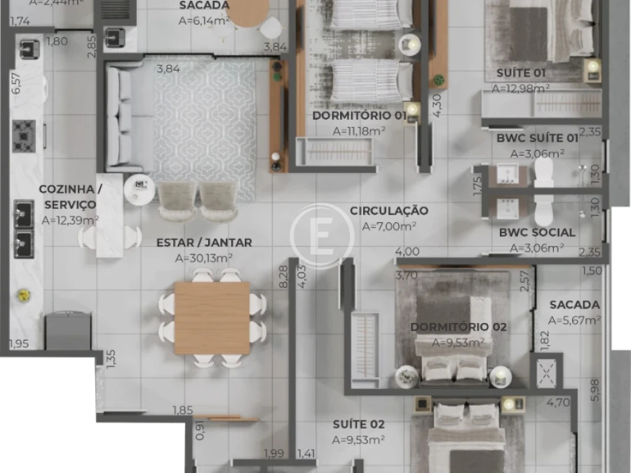 Apartamento em Pedra Branca, Palhoça. 3 quartos, 99m². Imagem 10 de 15
