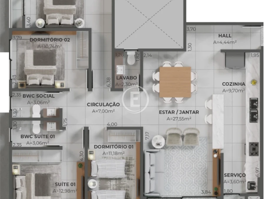 Apartamento em Pedra Branca, Palhoça. 3 quartos, 99m². Imagem 4 de 15