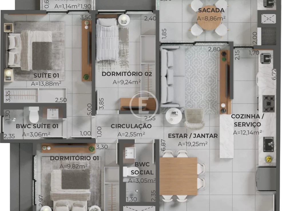 Apartamento em Pedra Branca, Palhoça. 3 quartos, 99m². Imagem 7 de 15