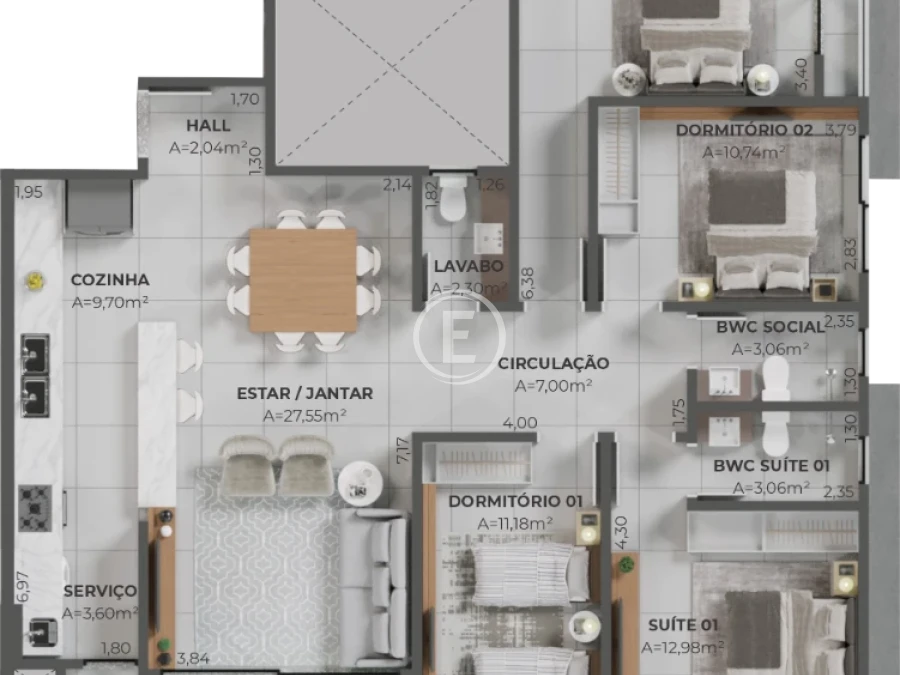 Apartamento em Pedra Branca, Palhoça. 3 quartos, 99m². Imagem 9 de 15