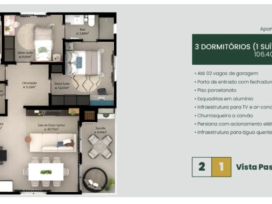 Apartamento em Pedra Branca, Palhoça. 3 quartos, 106m². Imagem 2 de 9