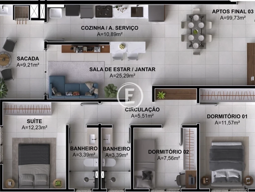 Apartamento em Pagani, Palhoça. 3 quartos, 91m². Imagem 6 de 11