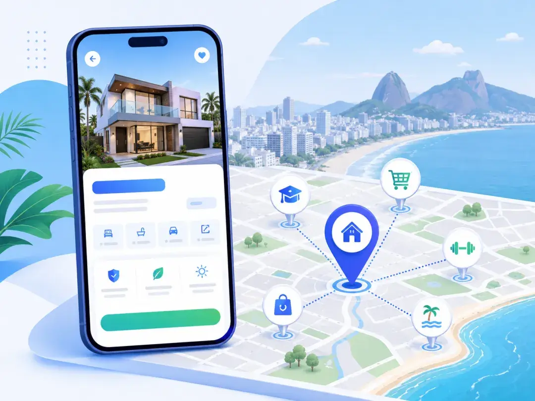 Página de imóvel com mapa mostrando o que tem perto: escola, mercado, academia, shopping e praia