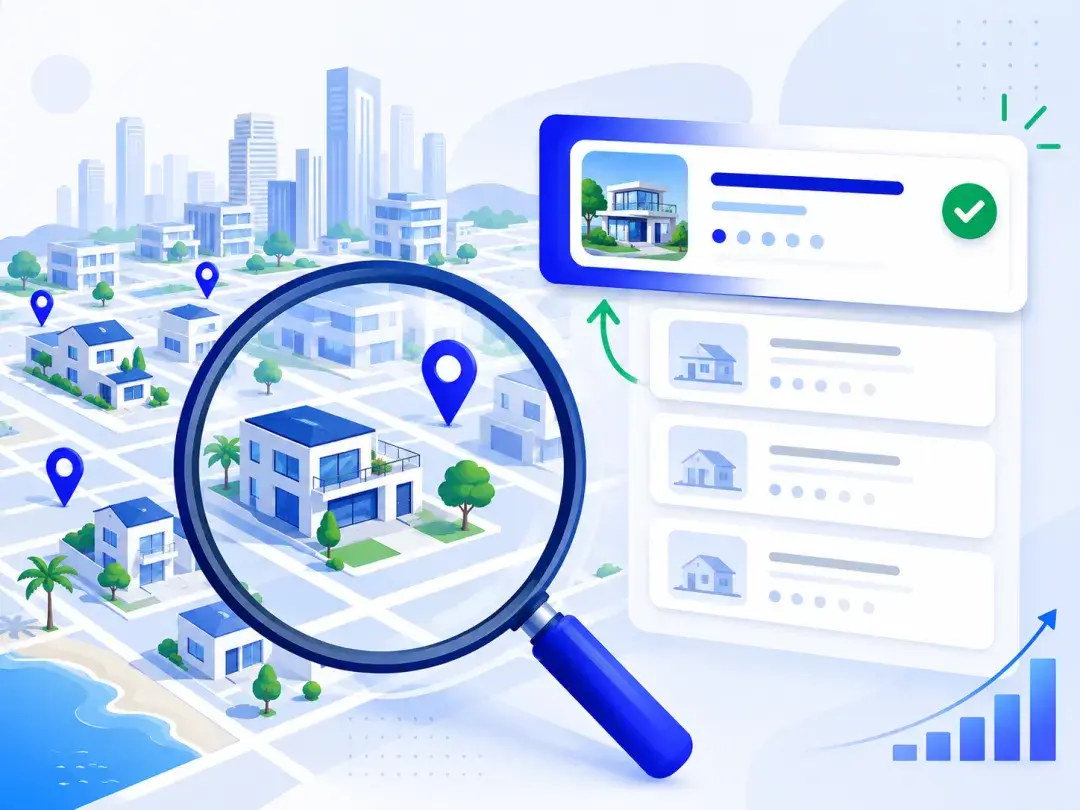 Site de imobiliária ranqueando no Google em buscas de bairro, com mapa e pinos de localização