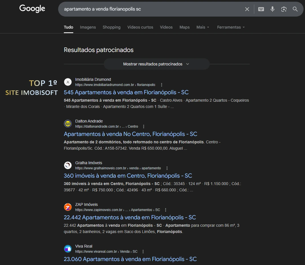 Imobiliária Drumond em 1º lugar no Google para apartamento a venda florianópolis sc