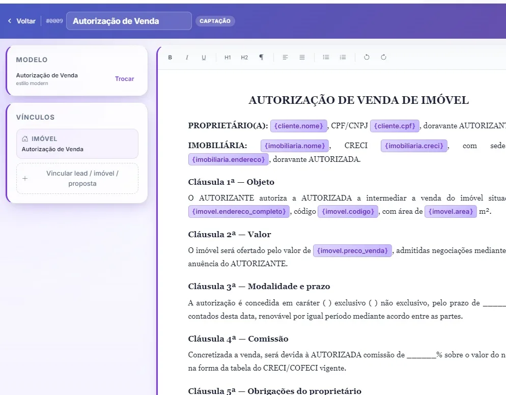 Editor de contratos digitais da Imobisoft com dados puxados do CRM