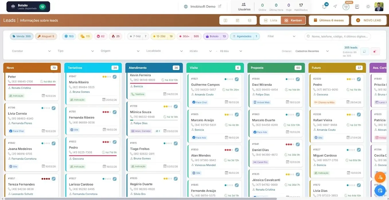 Funil kanban de leads do CRM imobiliário da Imobisoft