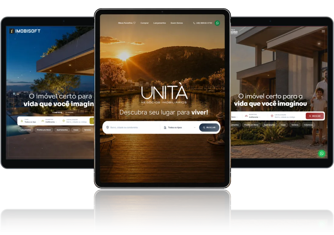 Sites de imobiliárias criados na Imobisoft exibidos em tablets